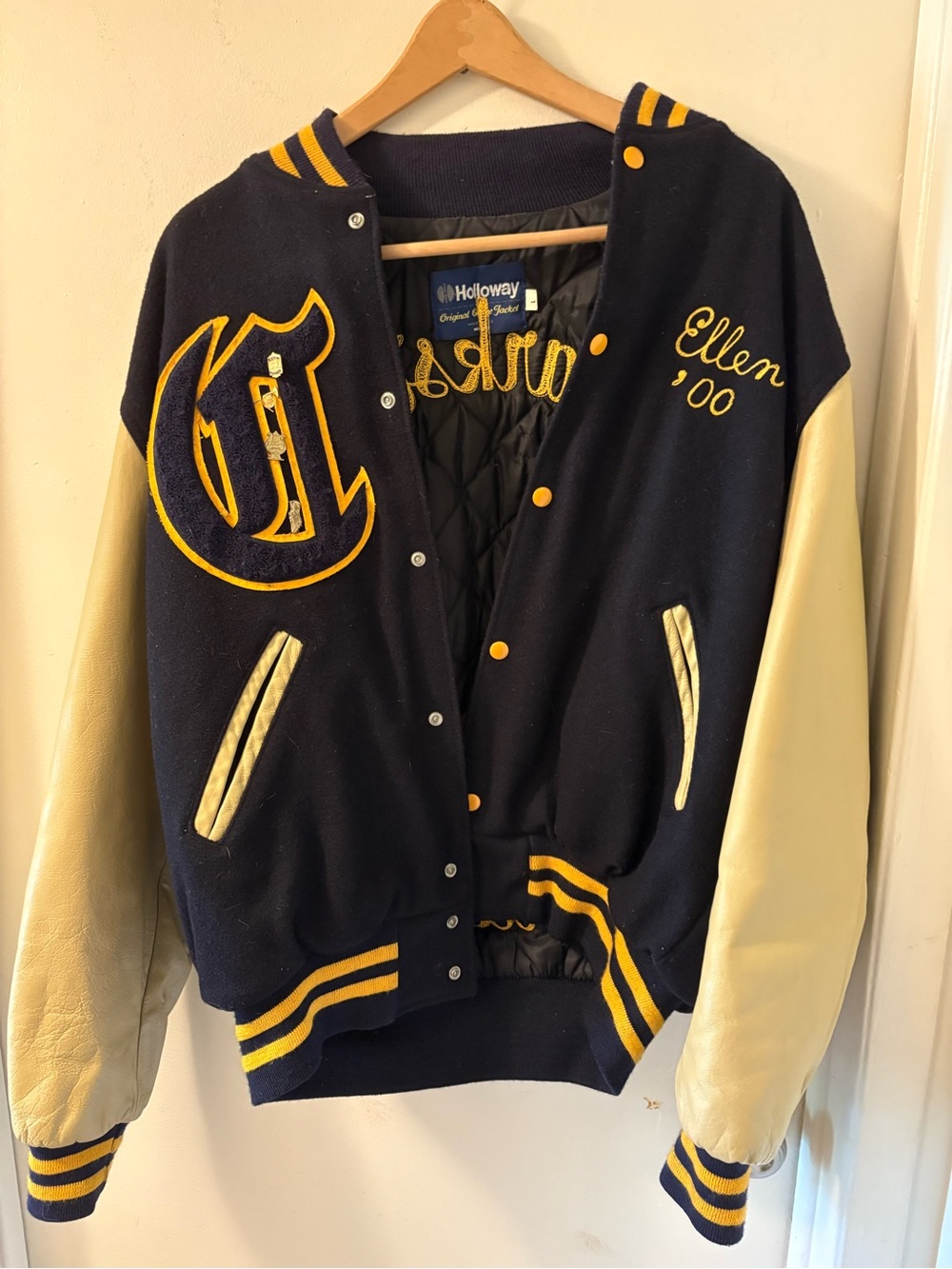 Holloway Navy and Yellow Varsity Jacket with Cream Sleeves
